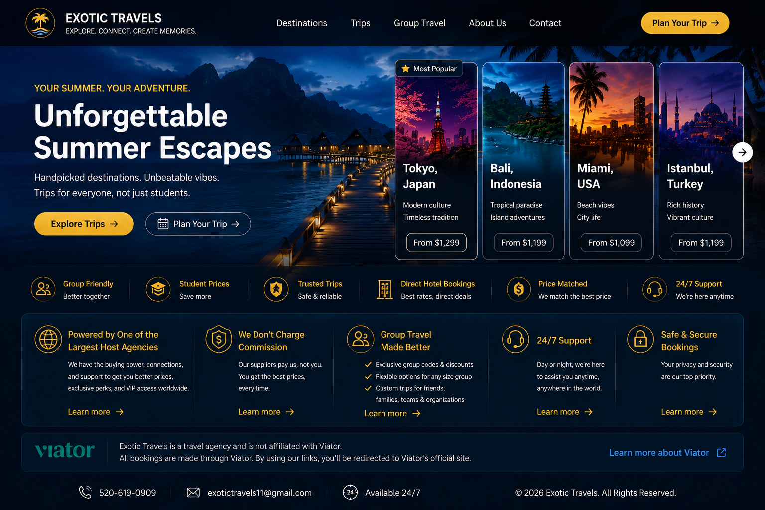 Exotic Travels homepage with luxury destination cards, benefits, Viator partner section, and contact details.